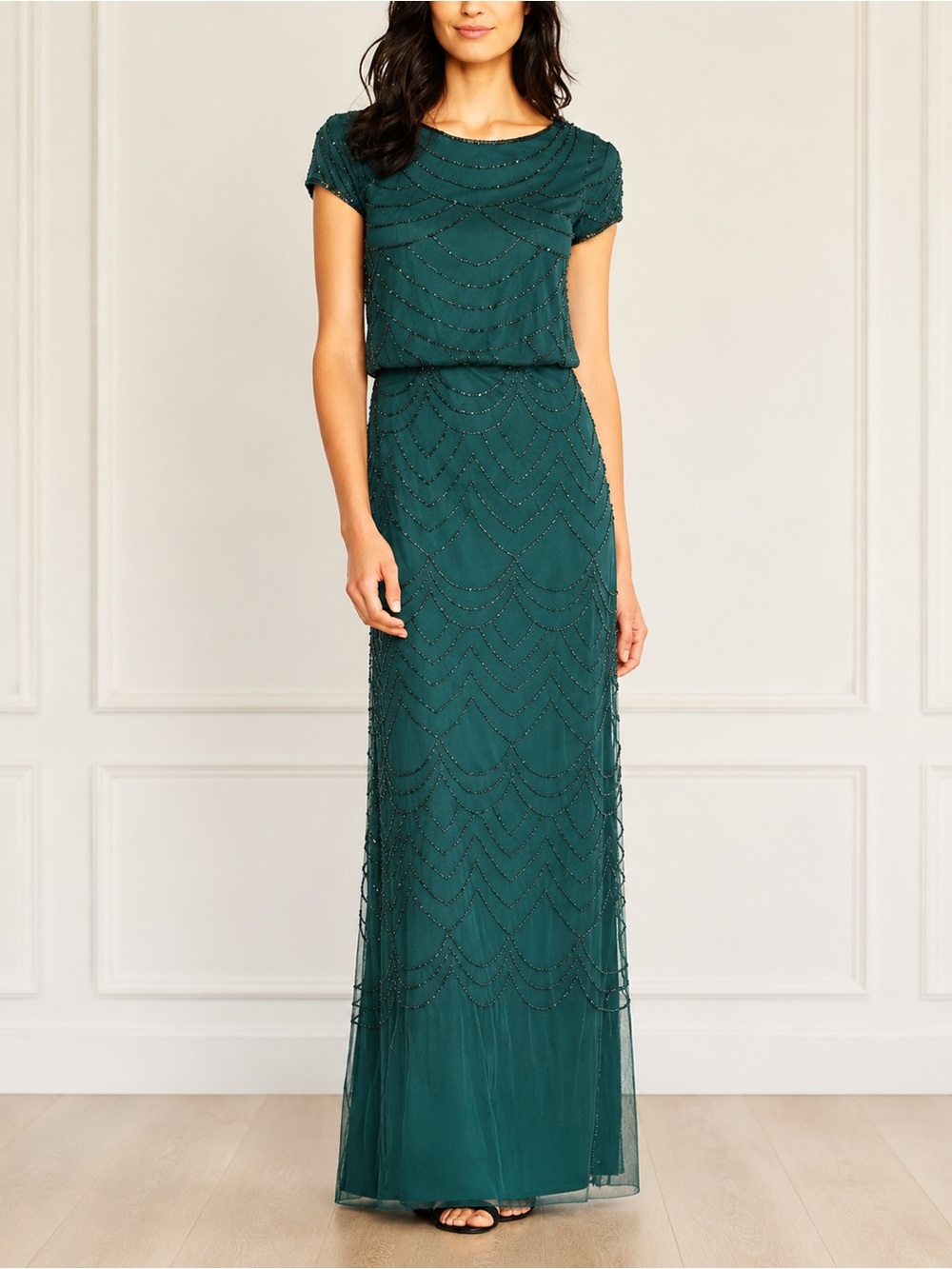 Adrianna Papell Sz 10 Dusty Emerald Green Beaded Blouson Evening Gown Maxi Dress